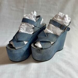 1970s Blue Leather Platform Heels Strappy Shoe 6" Heel Greek Leather by Alpi